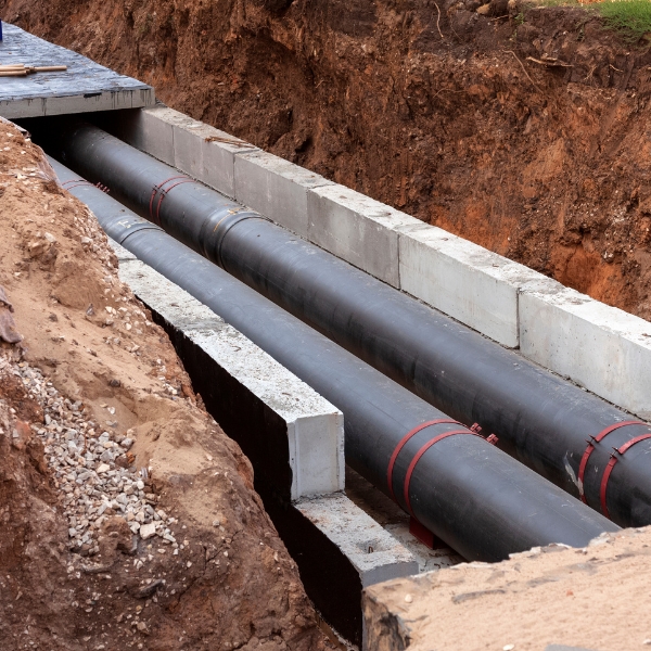 large industrial plumbing pipes in a trench